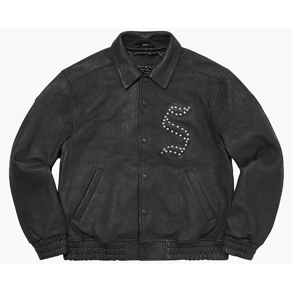 Supreme Pebbled Varsity Black Leather Jacket